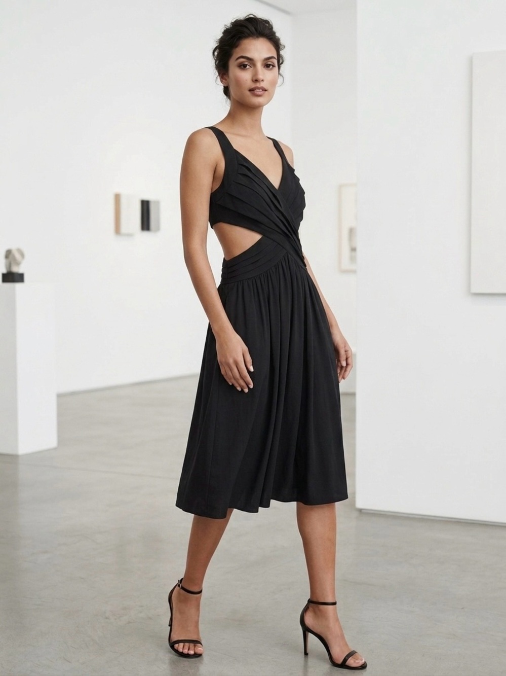 Club Monaco 100% Silk Dress Black Cutout Ruched Crossover V-neck Cocktails Sz 2